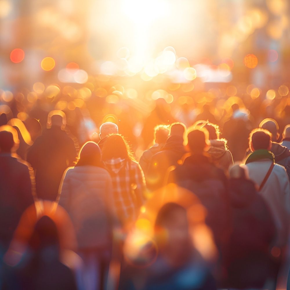 meinungsforschung bild von einem öffentlichen platz mit vielen passanten, die sonne scheint von vorn